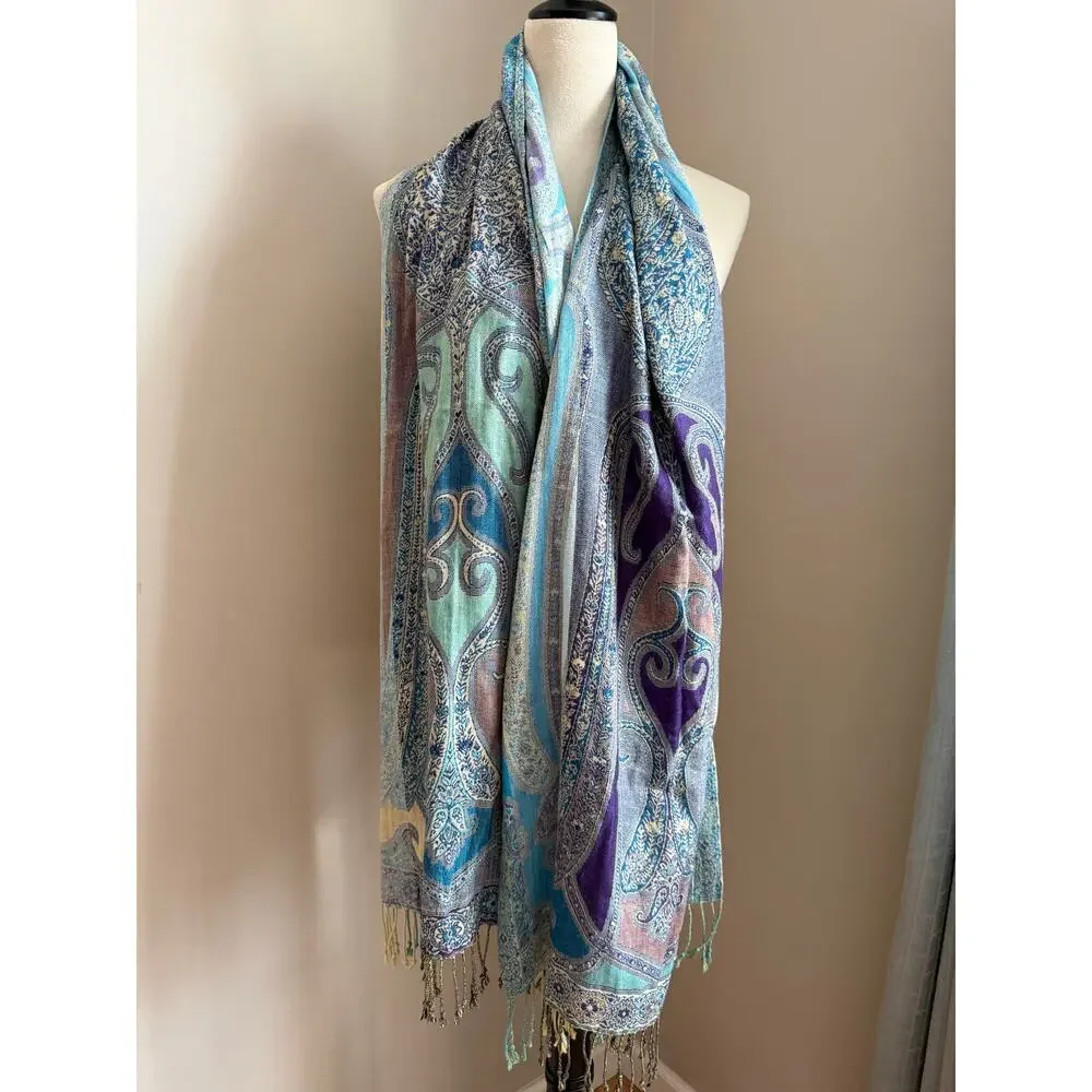 Pastel Paisley Scarf Blue Lavender Silky Fringe Wrap 75x20 Cottage Coquette Soft